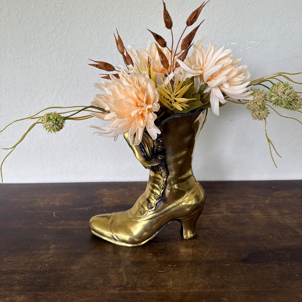 Vintage Brass Victorian Lady's Boot Shoe Vase Planter Door Stop Heavy Gold‎ Tone